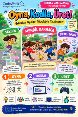 Geleneksel Türk Çocuk oyunlarını OynaKodla - ÜretAvrupa Kod Haftası (EU Code Week) kapsamında düzenlenen bu etkinlikte, geleneksel Türk çocuk oyunlarından Mendil Kapmaca, dijital oyun tasarımıyla buluşturulacaktır. Öğrencilerimiz "Oyna, Kodla, Üret" temas